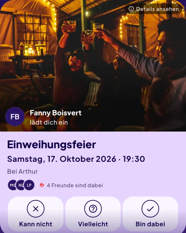 Einladungskarte zur Einweihungsfeier am Samstag, 17. Oktober 2026 um 19:30 Uhr bei Arthur, verschickt von Fanny Boisvert — vier Freunde sind schon dabei.