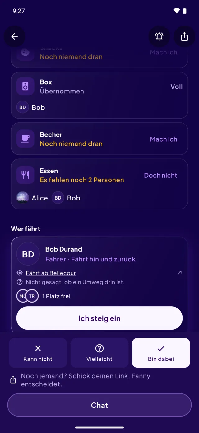 Eine Eventseite: wer bringt was mit, und wer fährt.
