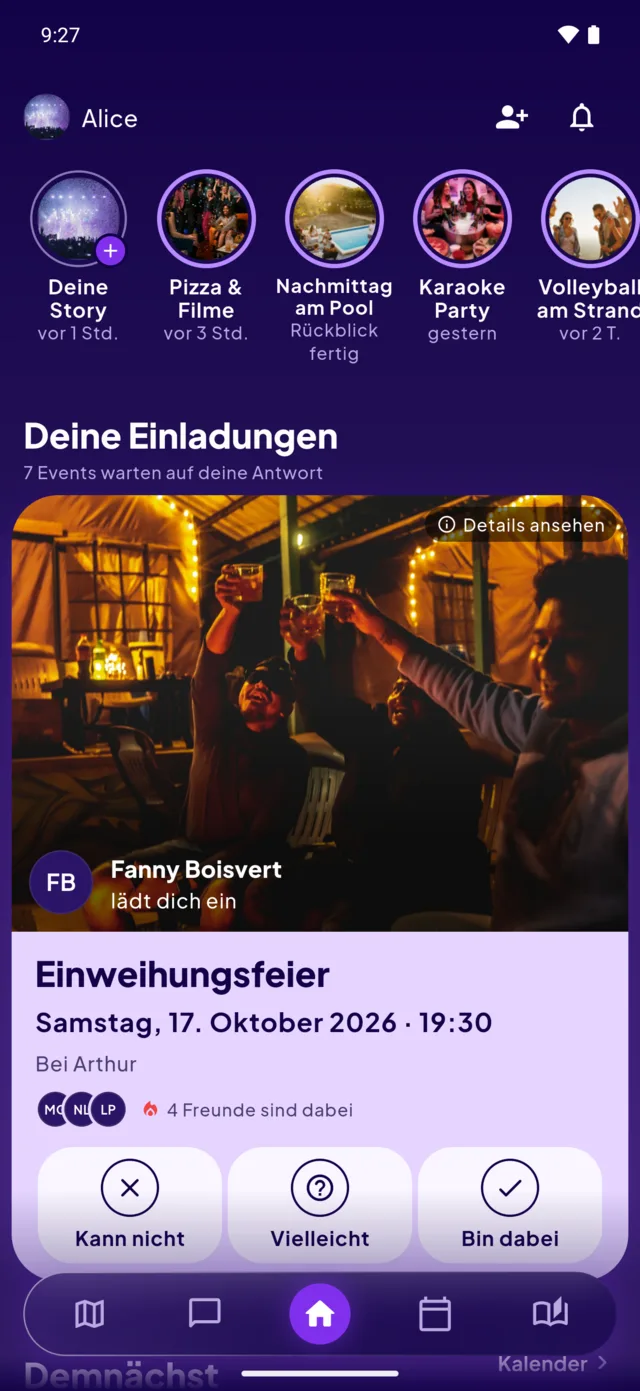 Der Startbildschirm von AmidAmi: oben die Storys der Freunde, darunter eine Einladung zur Einweihungsfeier, mit den drei Antworten — kann nicht, vielleicht, bin dabei.