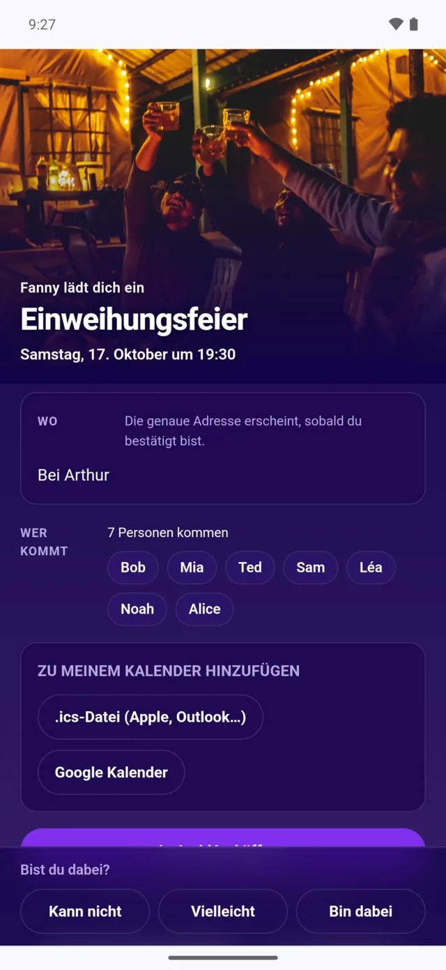Die Webseite einer Einladung, im Browser geöffnet: „Fanny lädt dich ein — Einweihungsfeier“, mit den Zusagen und den drei Antworten unten.
