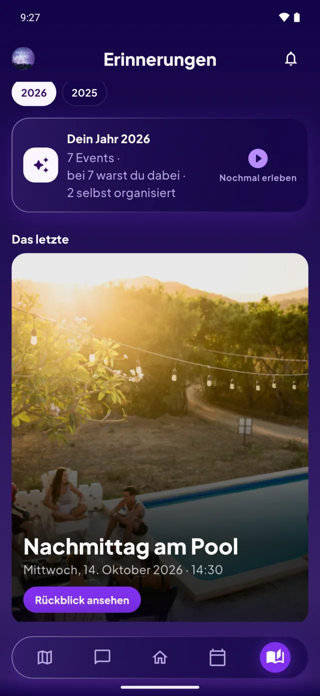 Der Bereich Erinnerungen: „Dein 2026, sieben Events, sieben davon dabei, zwei selbst veranstaltet“.