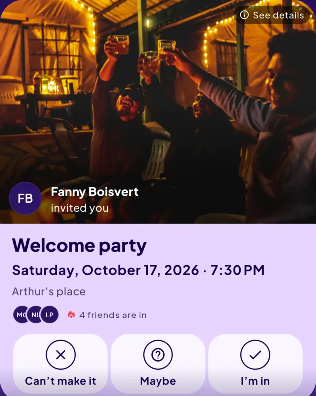 Invitation card for the welcome party on Saturday 17 October 2026 at 7:30 pm, at Arthur’s place, sent by Fanny Boisvert — four friends are already going.