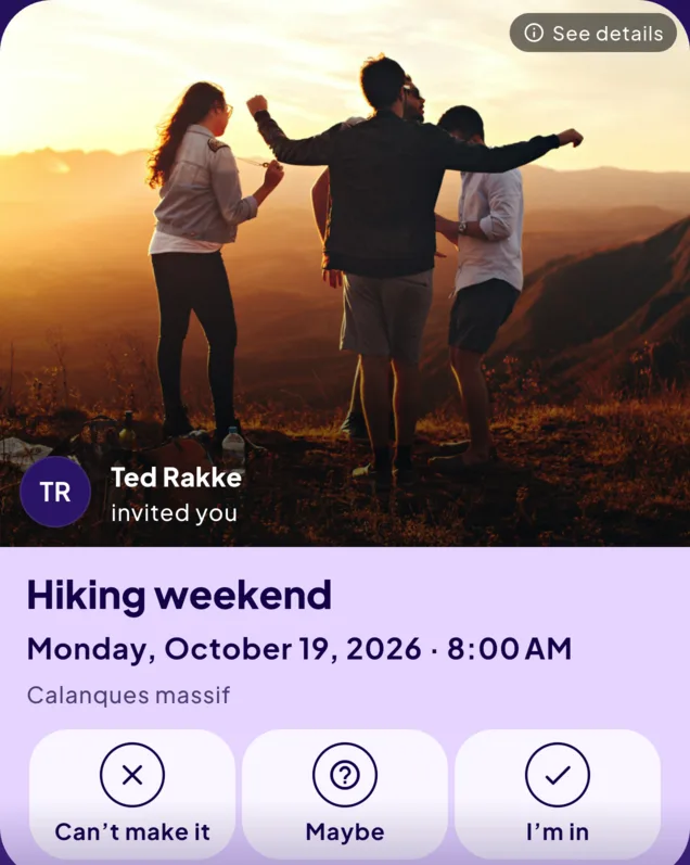 Invitation card for the hiking weekend on Monday 19 October 2026 at 8 am, in the Calanques, sent by Ted Rakke.
