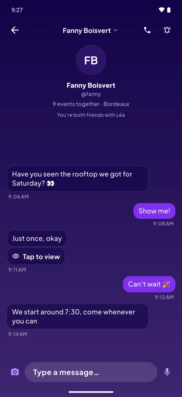 A private chat where a view-once photo shows up as “Tap to view”.