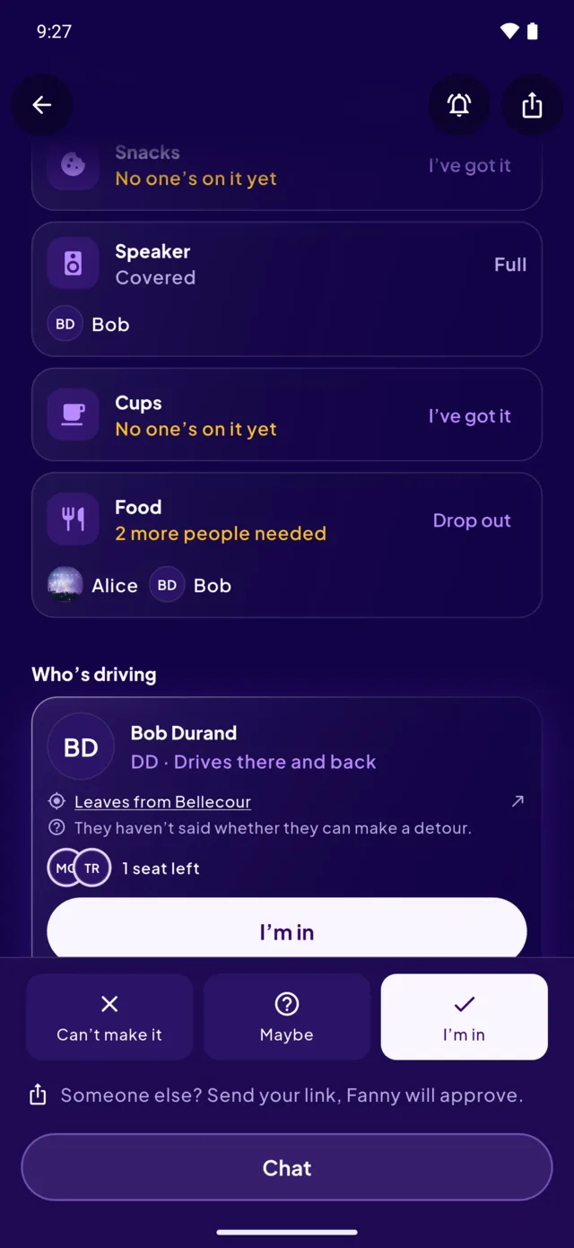 A party page: who brings what, and who’s driving.
