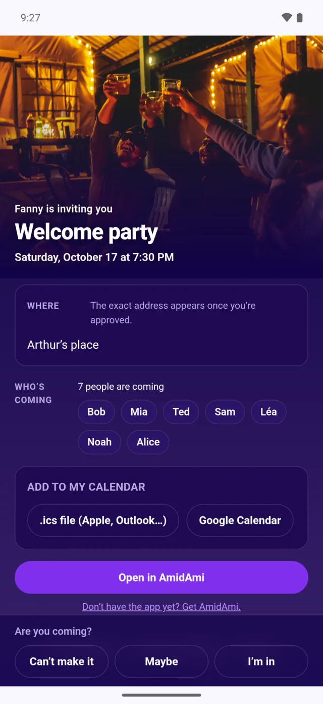 The web page of an invitation, open in a browser: “Fanny is inviting you — Welcome party”, with who’s coming and the three answers at the bottom.