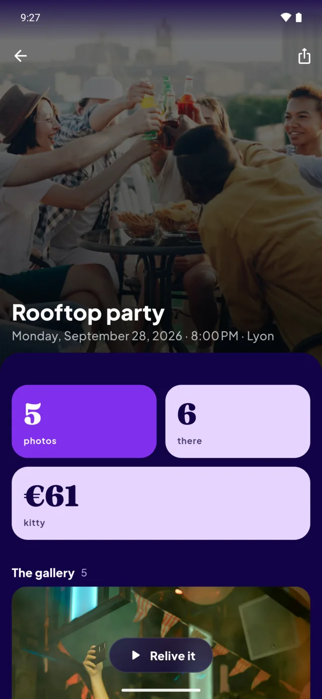 The recap of the rooftop party: five photos, five guests, sixty-one euros in the kitty.