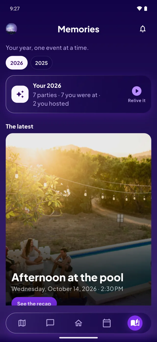 The Memories hub: “Your 2026, seven parties, seven you were at, two you hosted”.