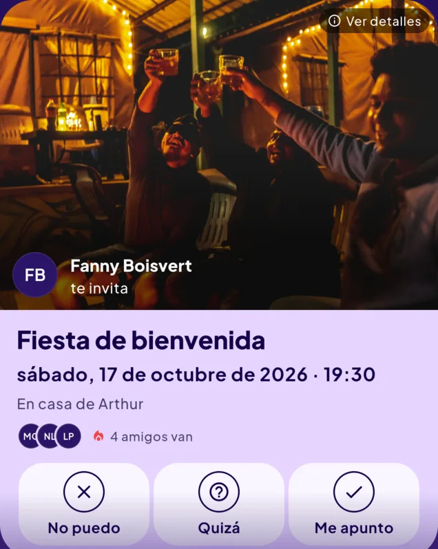 Tarjeta de invitación a la fiesta de bienvenida del sábado 17 de octubre de 2026 a las 19:30, en casa de Arthur, enviada por Fanny Boisvert: cuatro amigos ya van.