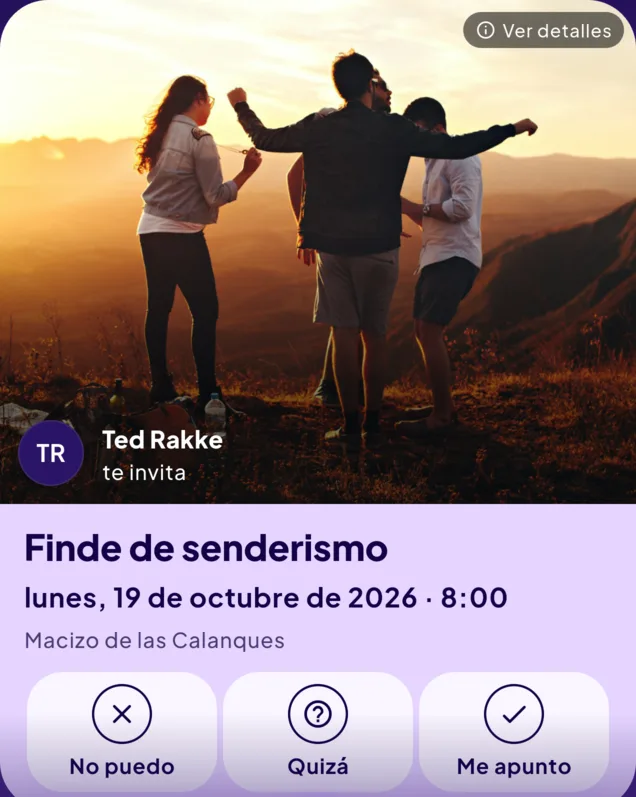 Tarjeta de invitación al finde de senderismo del lunes 19 de octubre de 2026 a las 8:00, en el macizo de las Calanques, enviada por Ted Rakke.