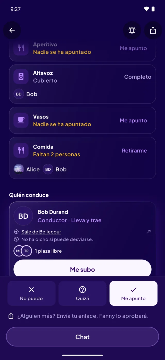La ficha de una fiesta: quién lleva qué y quién conduce.