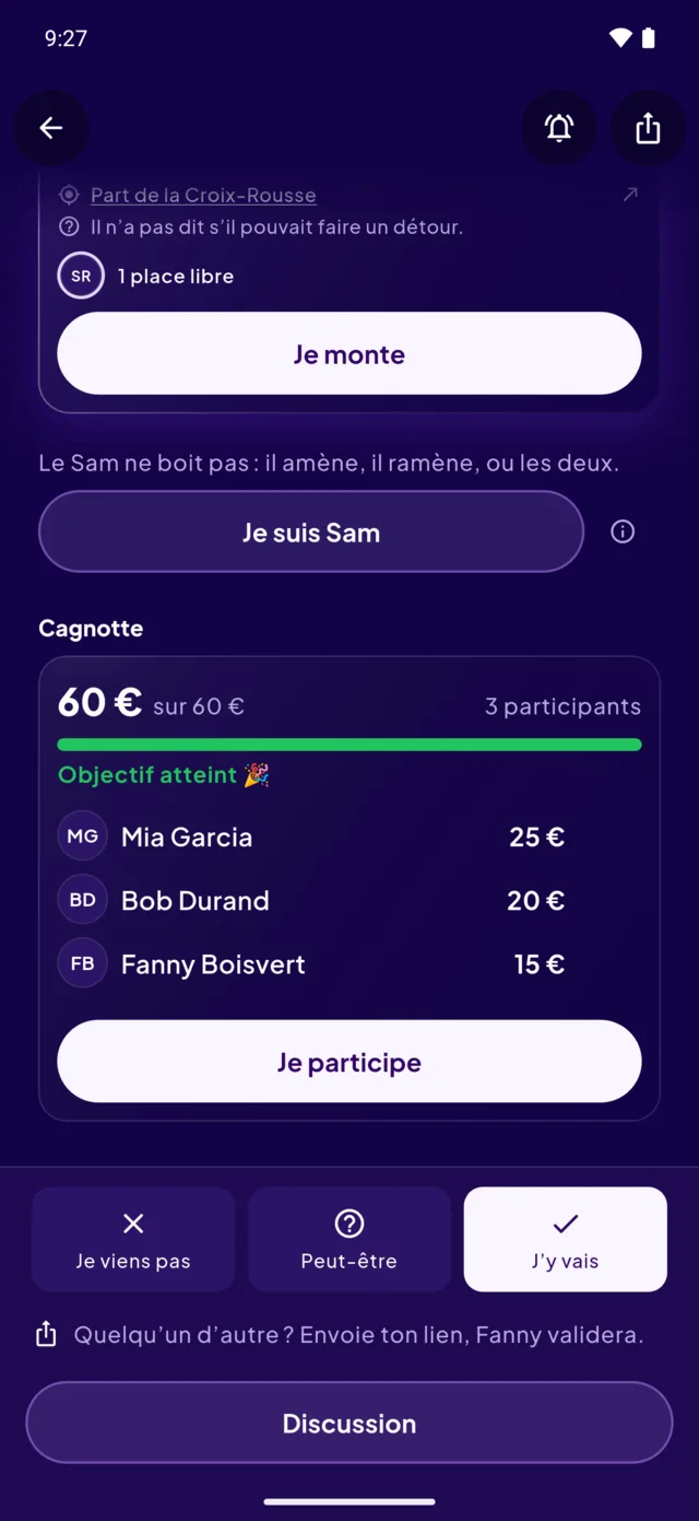 La cagnotte d’une soirée AmidAmi : soixante euros sur soixante, l’objectif atteint, et le détail de ce que chaque personne a mis.