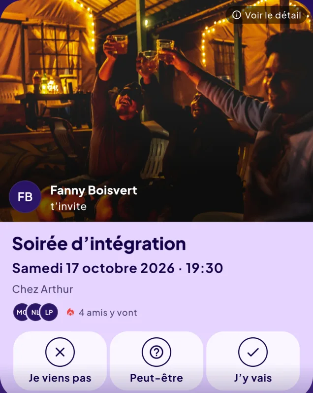 Carte d’invitation à la soirée d’intégration du samedi 17 octobre 2026 à 19 h 30, chez Arthur, envoyée par Fanny Boisvert — quatre amis y vont déjà.