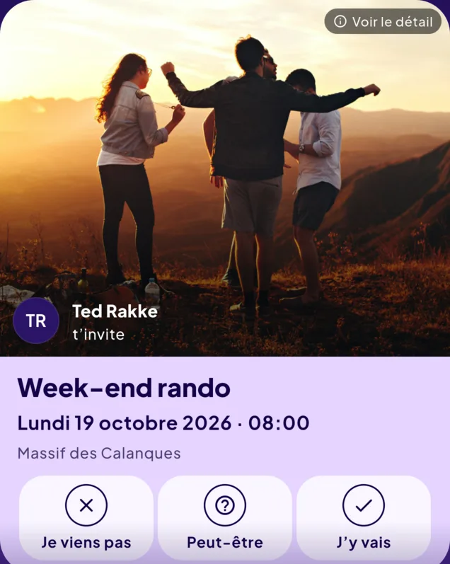 Carte d’invitation au week-end rando du lundi 19 octobre 2026 à 8 h, dans le massif des Calanques, envoyée par Ted Rakke.