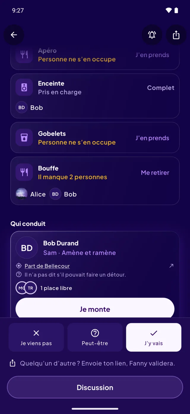 La fiche d’une soirée : ce que chacun apporte, et qui conduit.