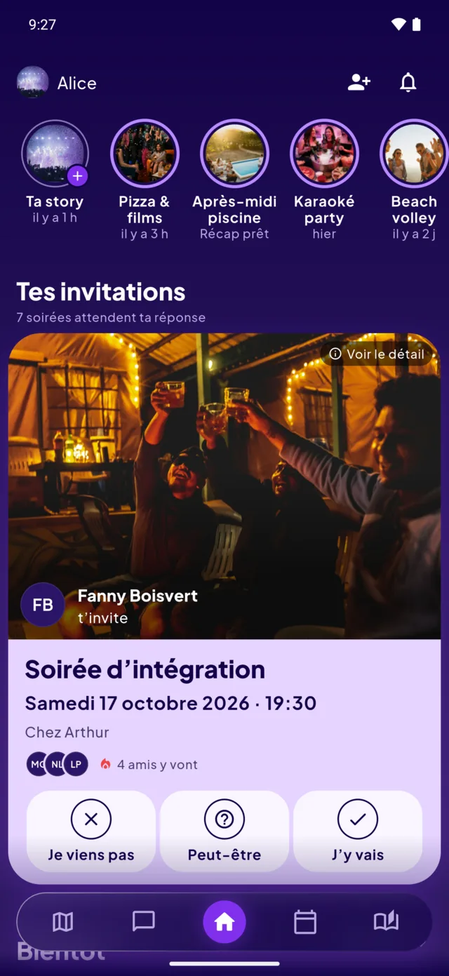 L’accueil d’AmidAmi : les stories des amis en haut, puis une invitation à la soirée d’intégration, avec les trois réponses — je viens pas, peut-être, j’y vais.
