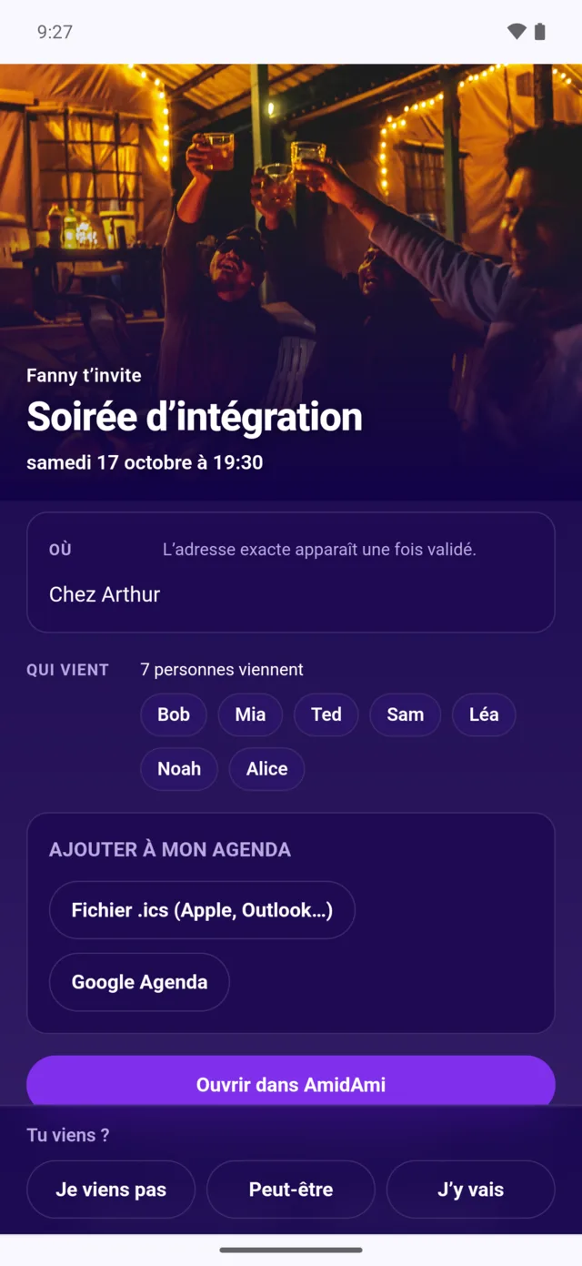 La page web d’une invitation, ouverte dans un navigateur : « Fanny t’invite — Soirée d’intégration », avec qui vient et les trois réponses en bas.