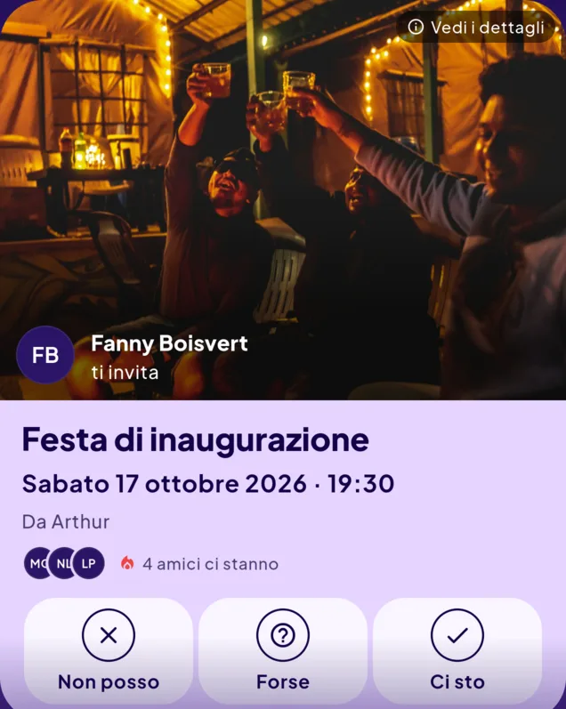 Carta d’invito per la festa di inaugurazione di sabato 17 ottobre 2026 alle 19:30, da Arthur, mandata da Fanny Boisvert — quattro amici ci sono già.