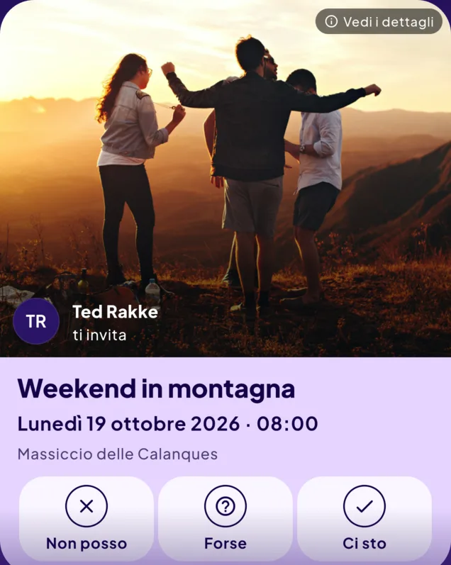 Carta d’invito per il weekend in montagna di lunedì 19 ottobre 2026 alle 8, nelle Calanques, mandata da Ted Rakke.