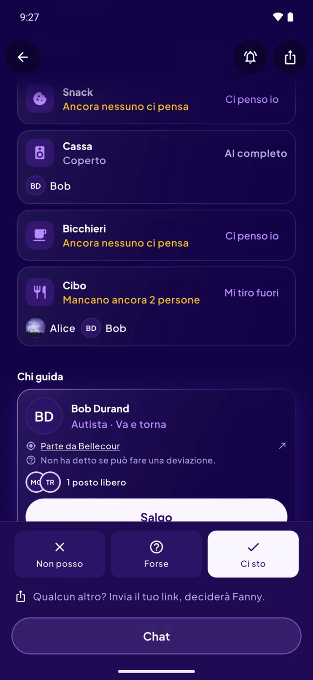La pagina di una serata: chi porta cosa, e chi guida.