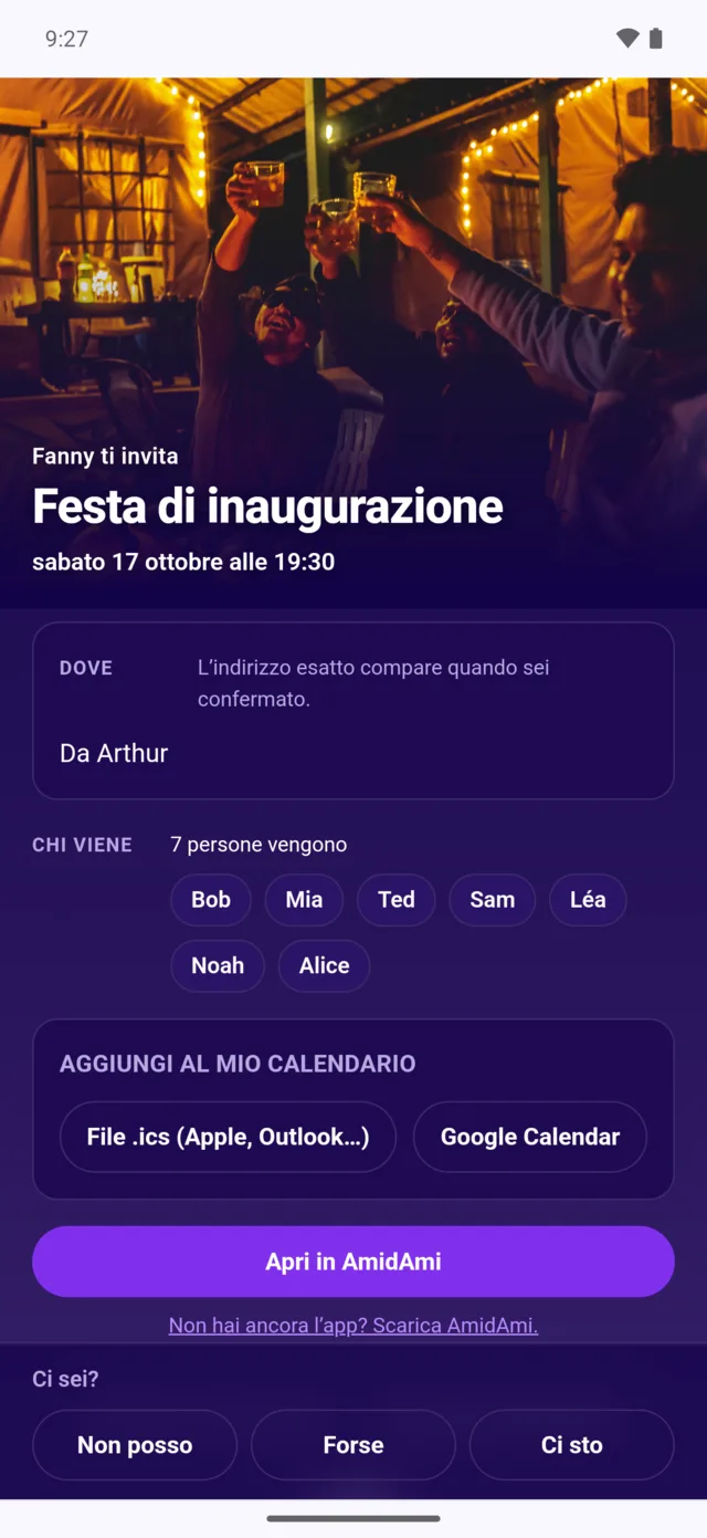 La pagina web di un invito, aperta in un browser: «Fanny ti invita — Festa di inaugurazione», con chi viene e le tre risposte in fondo.