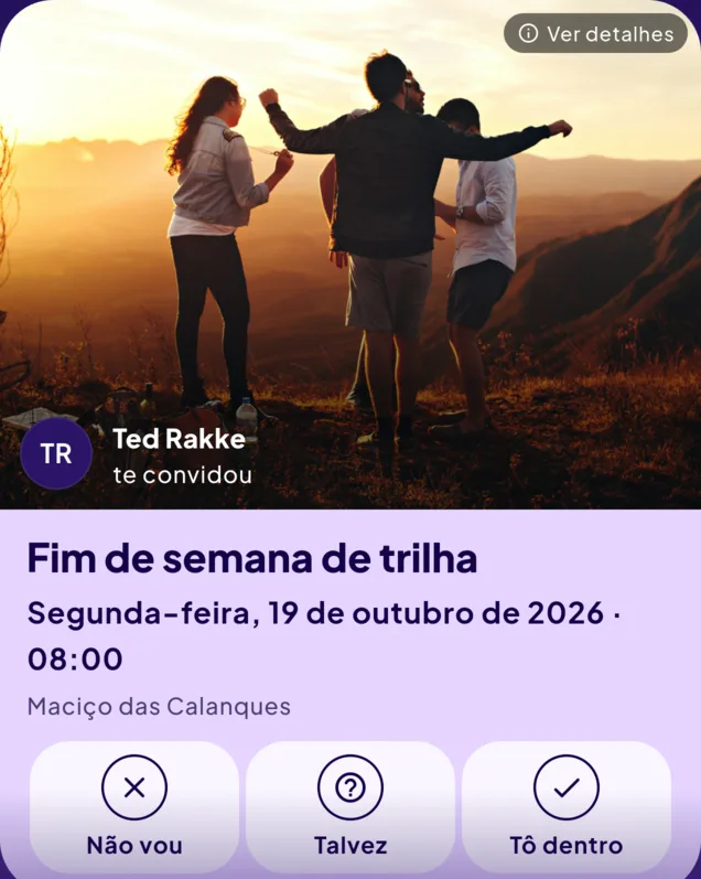 Cartão de convite para o fim de semana de trilha na segunda-feira, 19 de outubro de 2026, às 8h, nas Calanques, enviado por Ted Rakke.