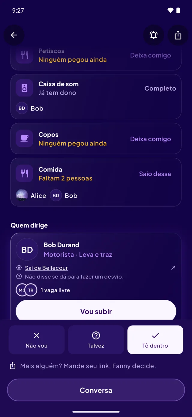 A página de uma festa: quem leva o quê, e quem dirige.