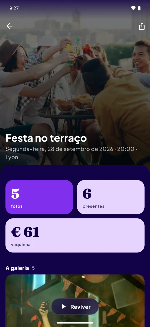 A retrospectiva da festa no terraço: cinco fotos, cinco presentes, sessenta e um euros na vaquinha.