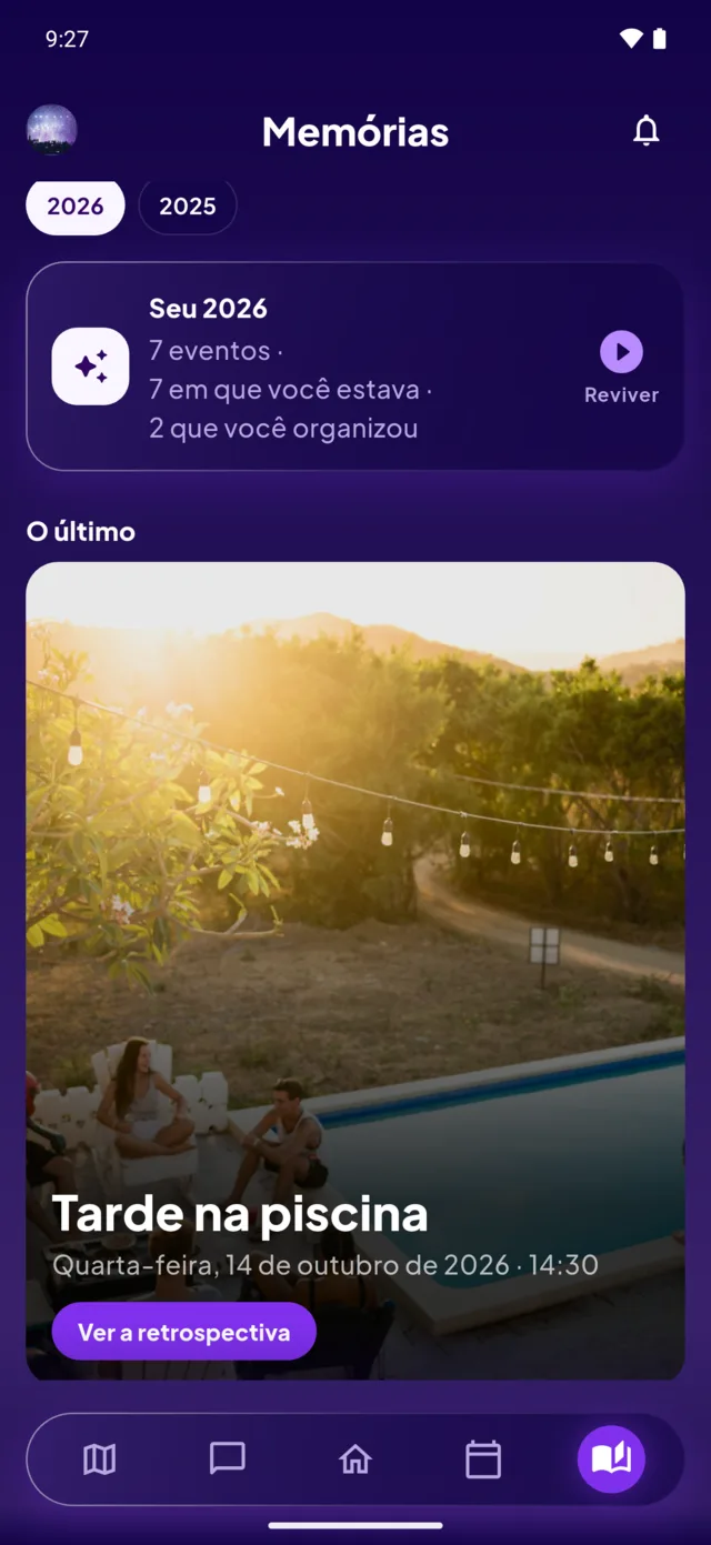 A seção Memórias: “Seu 2026, sete festas, sete em que você esteve, duas que você organizou”.